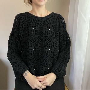 vintage black pearl crochet knit oversized sweater